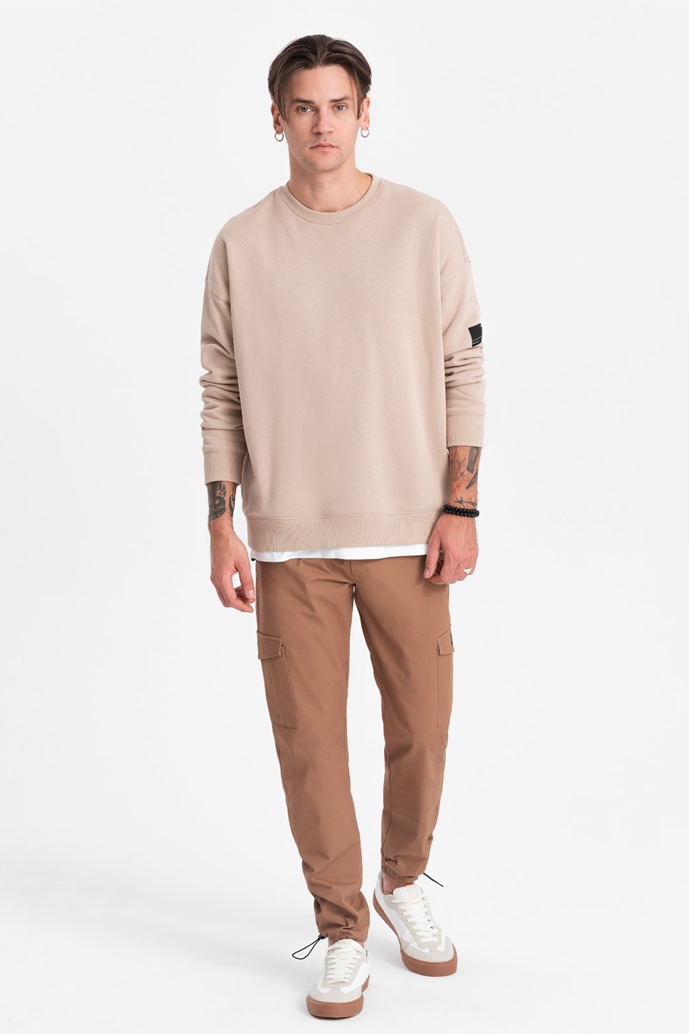 OMBRE, Pantaloni cargo cu snururi de ajustare la terminatie, Maro camel, L