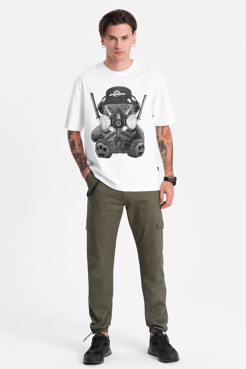 OMBRE, Pantaloni cargo cu snururi de ajustare la terminatie, Kaki