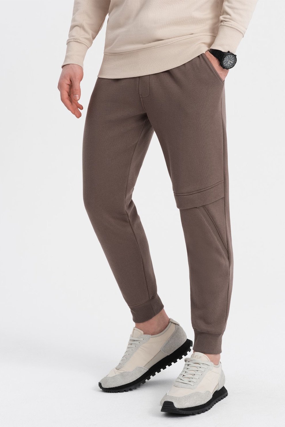 OMBRE, Pantaloni de trening cu talie ajustabila, Maro fango, L