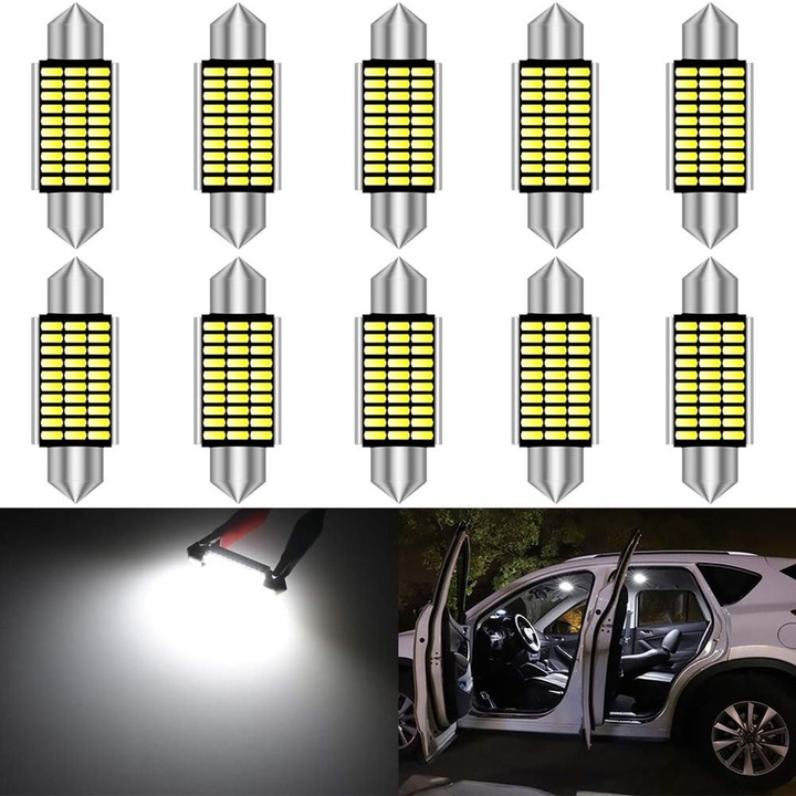 Set 10 becuri LED auto, NUODWELL, Lumina alb 6000K, Disiparea caldurii, Pentru plafoniera, portbagaj, numar inmatriculare, Aluminiu, 3.9 x 1.2cm, Argintiu