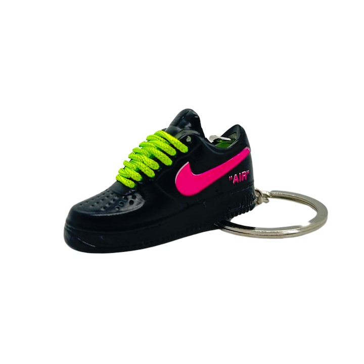 Nike Air Force 1 x alacsony x KIFEHÉR "Fekete-neon csipkés" modell kulcstartó, PVC + gumi, kézzel készített, 5 cm x 2 cm x 2 cm, fekete + rózsaszín + neon