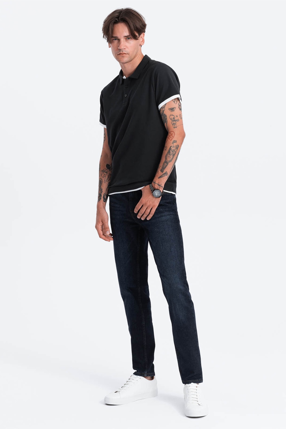 OMBRE, Tricou polo din bumbac pique, Negru, 2XL
