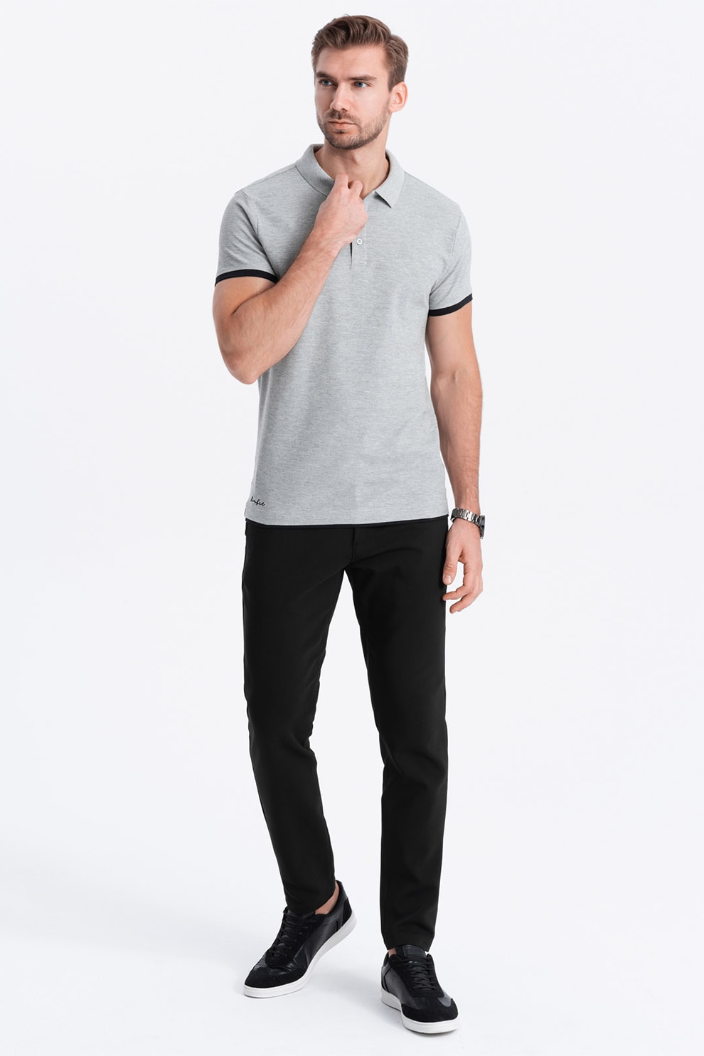 OMBRE, Tricou polo din bumbac pique, Gri deschis melange, 2XL