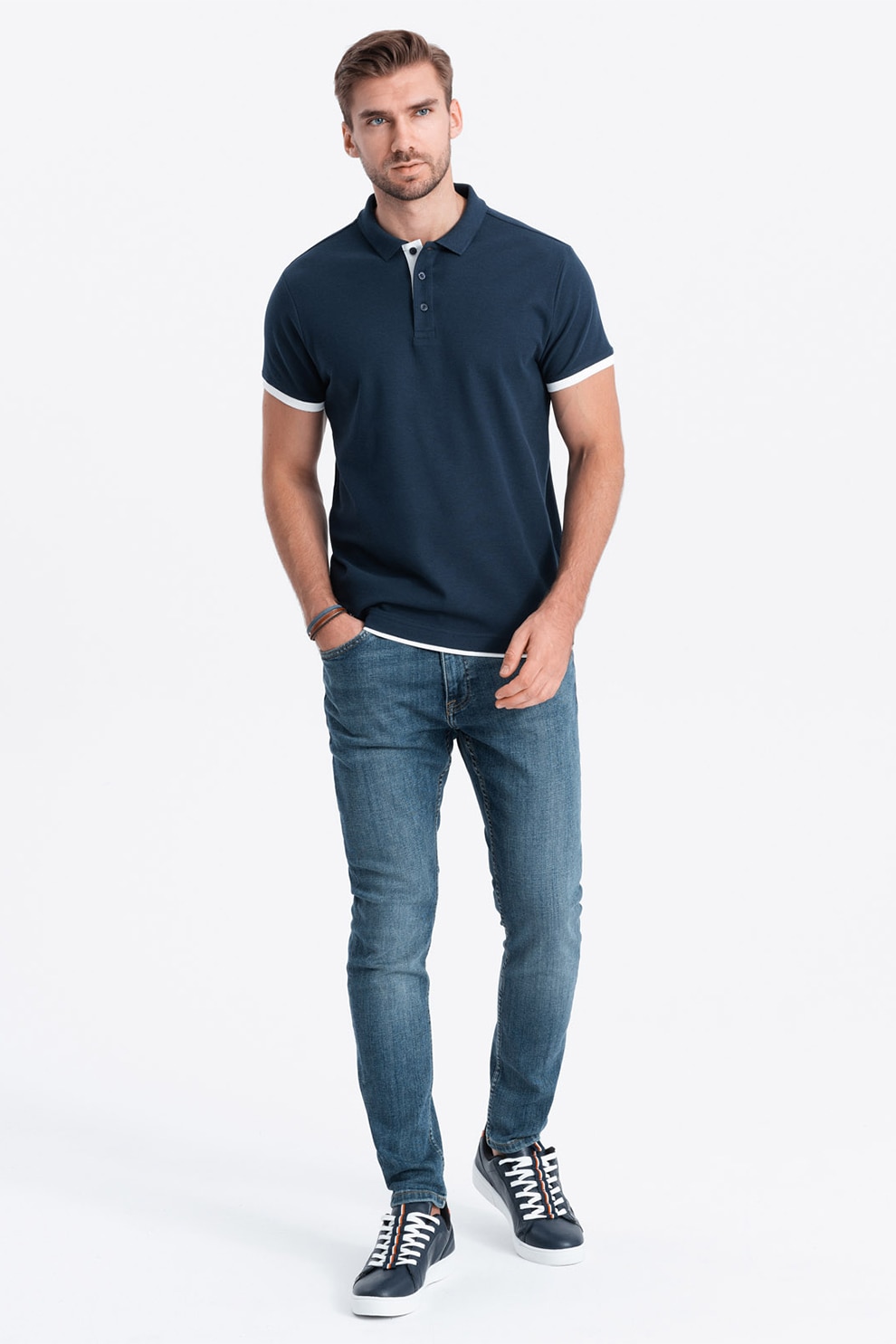 OMBRE, Tricou polo din bumbac pique, Bleumarin, M