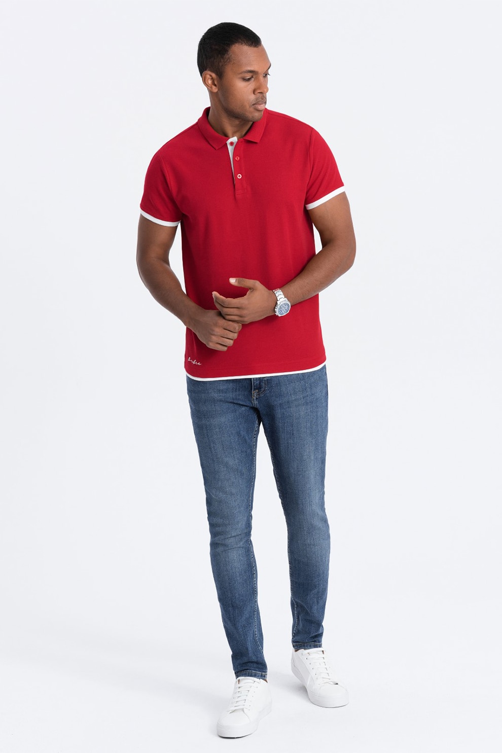 OMBRE, Tricou polo din bumbac pique, Rosu, M