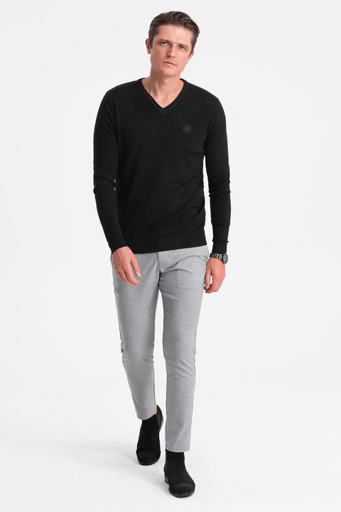 OMBRE, Pulover slim fit cu decolteu in V, Negru