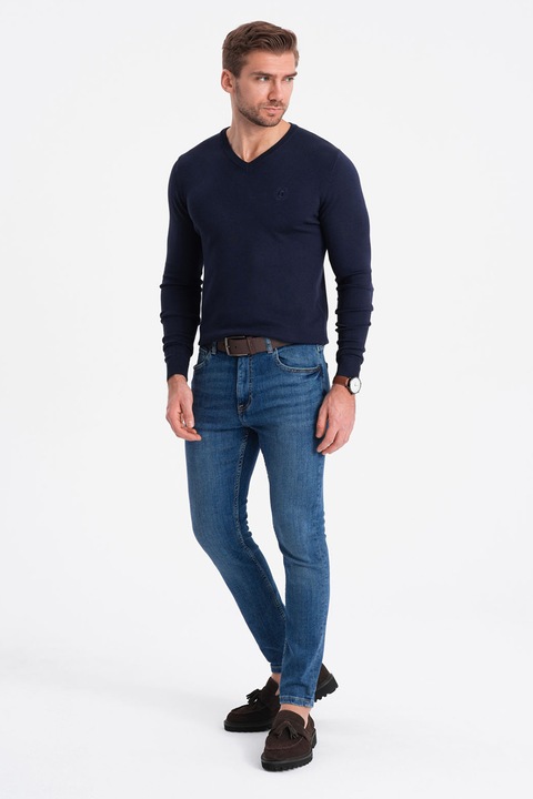 OMBRE, Pulover slim fit cu decolteu in V, Bleumarin