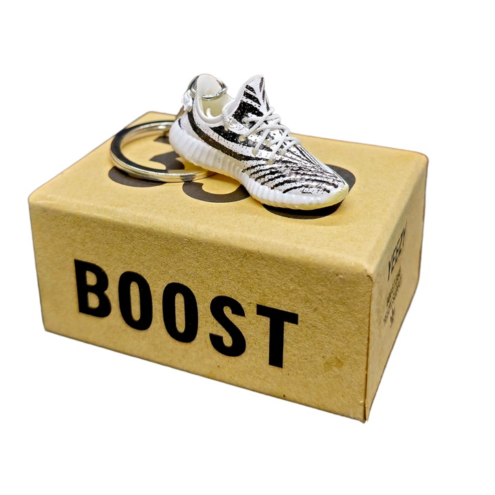 Breloc pentru chei model Adidas Yeezy Boost 350 v2 Zebra Edition, PVC + Cauciuc, Handmade, 5cm x 2cm x 2cm, Alb + Negru