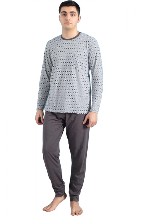 Férfi pamut pizsama, ujjal és hosszú nadrággal, modern mintával 5954, Szürke