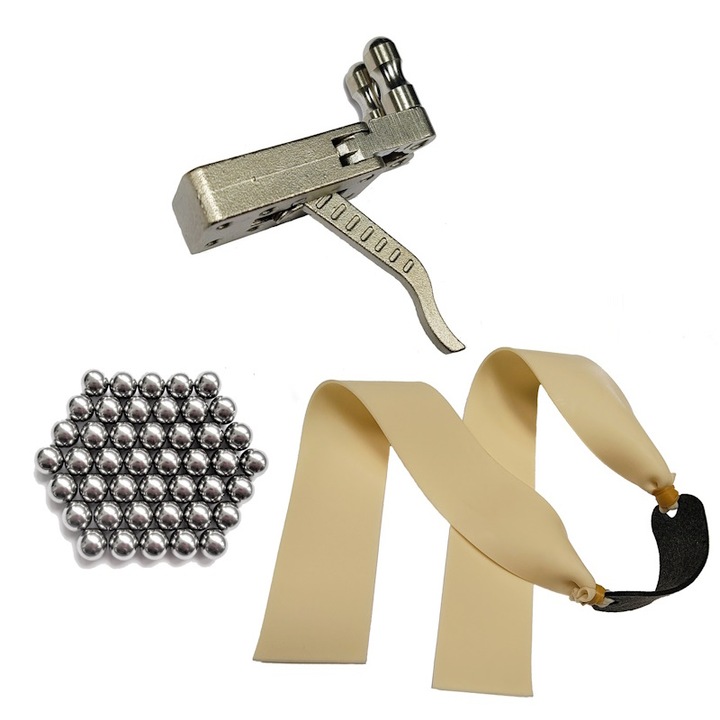 Acél csúzli kioldókészlet, 4 cm széles tartalék gumiszalag és 1000 gramm 15 mm-es golyó