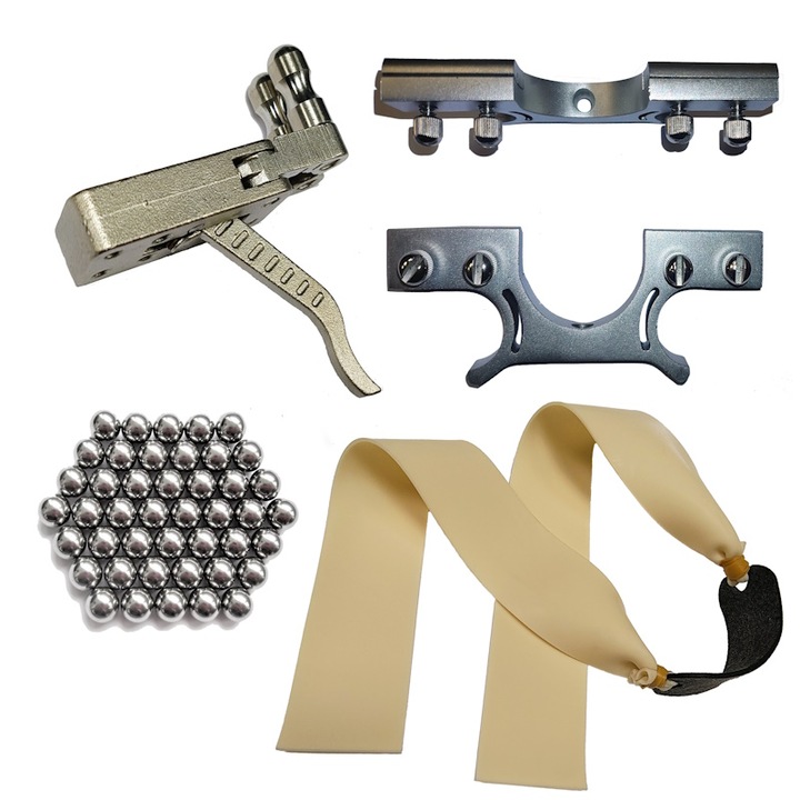 Acél kioldókészlet, 4 cm-es fém csúzlifej, tartalék gumi és 1000 gramm 15 mm-es golyó