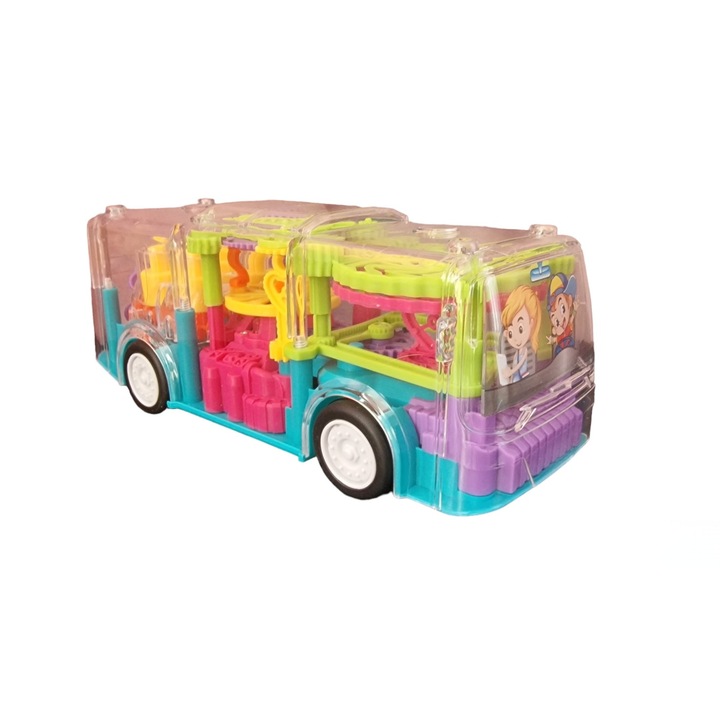Jucarie autobuz cu lumini si muzica interactiv, care merge lumineaza si canta, multicolor, piese miscatoare la interior