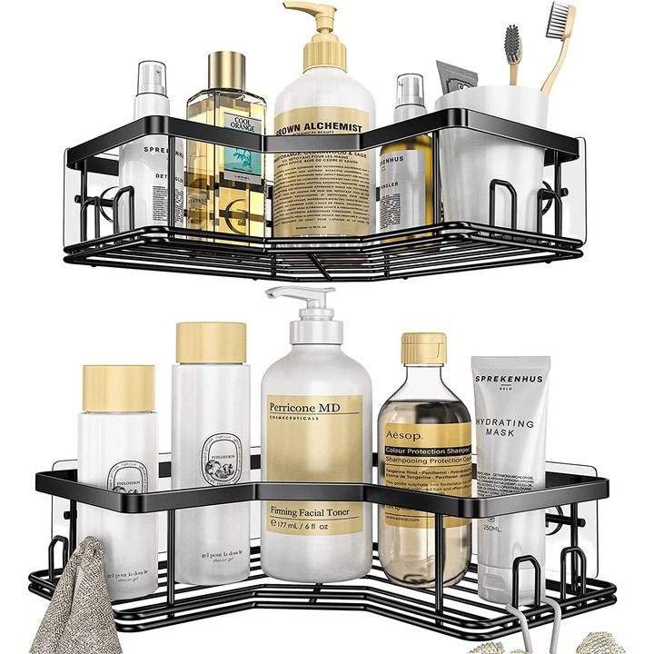 Raft de dus tip etajera colt organizator baie, din otel inoxidabil, Zenai, set de 2, Negru