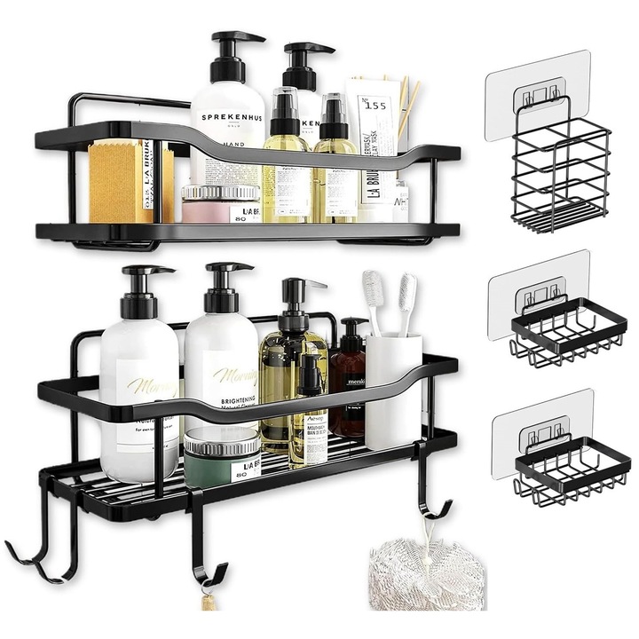 Raft de dus tip etajera baie, organizator depozitare Zenai, set 5 bucati, cu adeziv, fara gauri, Negru