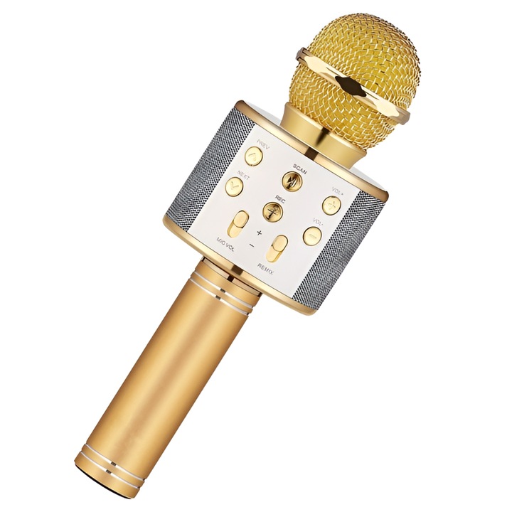Microfon Karaoke Neo™ de copii Wireless, Boxa integrata, Card SD, multifunctional, stereo, Auriu