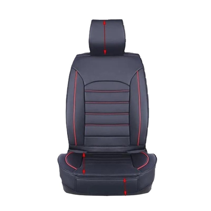 Комплект 12 универсални калъфа за автомобилни седалки, екологична кожа, черни и червени шевове, предни и задни