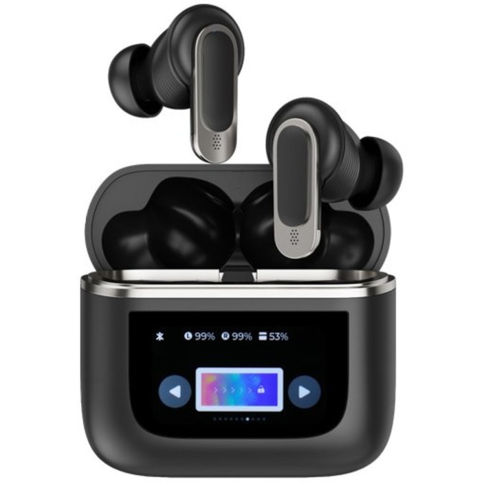 Casti Audio Wireless Bluetooth 5.4+ EDR ESL by Essential Level®, Cutie Reincarcare cu Touch Screen 530 mAh, Noise Cancelling, 360° Surround Sound, Microfon HD, Control Tactil, Rezistente la Apa, Sport, Compatibilitate Universala