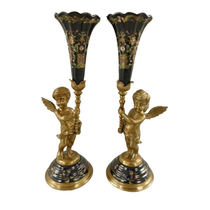 Set de doua sfesnice din portelan, negru, alama, H 39 x 13 cm