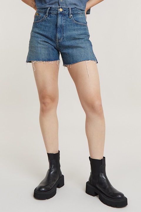 G-STAR, Blugi scurti cu talie medie si slituri laterale, Albastru prafuit