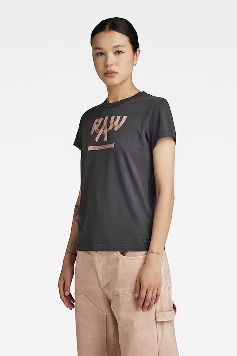 G-Star RAW, Тениска от органичен памук с лого, Розово/Антрацитно сиво