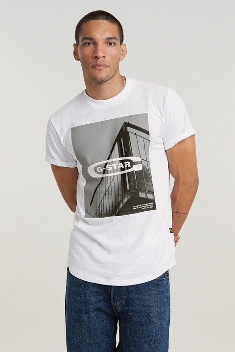 G-Star RAW, Тениска с овално деколте и фотопринт, Бял/Tъмносив
