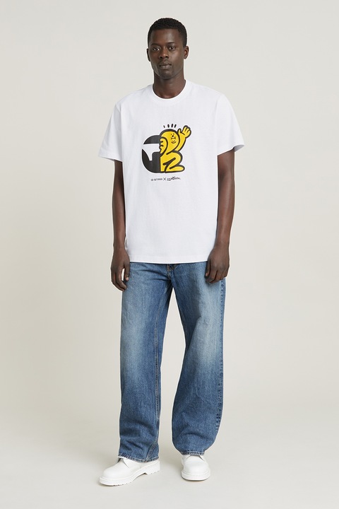 G-STAR, Тениска от органичен памук с лого, Бял/Жълт/Избеляло черно