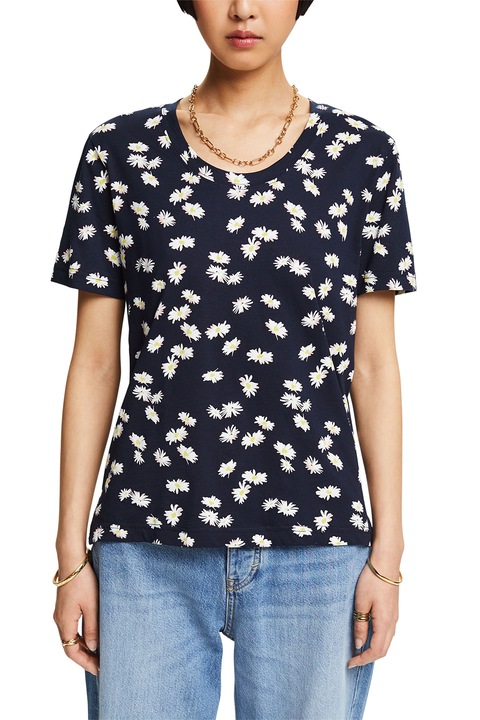 Esprit, Tricou cu imprimeu floral, Alb/Galben/Albastru ultramarin