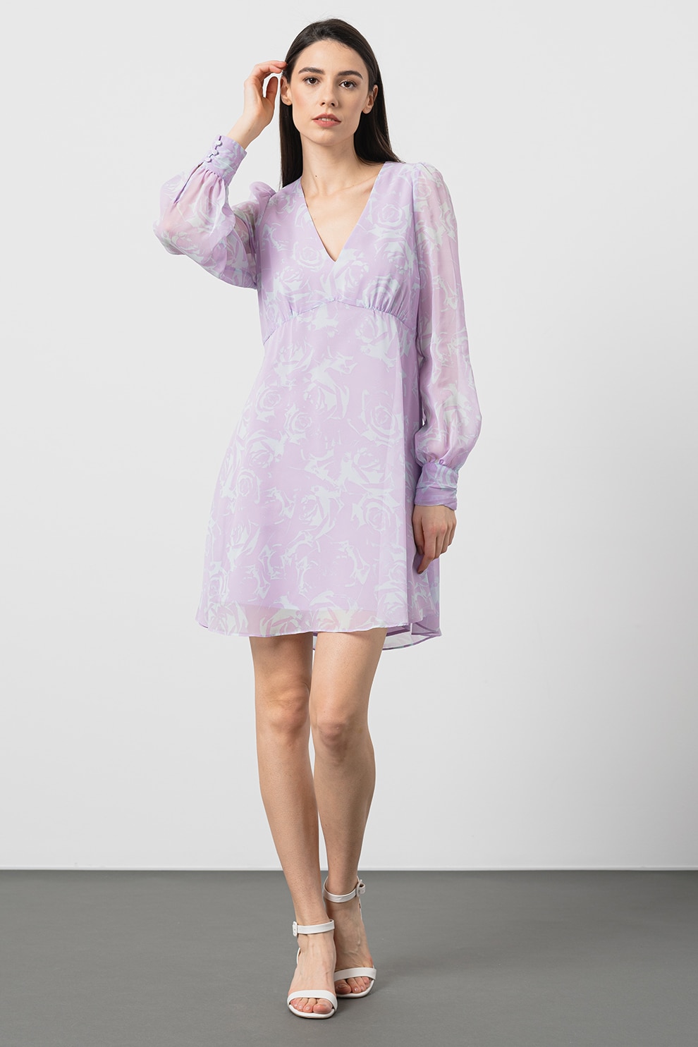 Esprit, Rochie cu decolteu in V si maneci bufante, Lila, Albastru glaciar, S