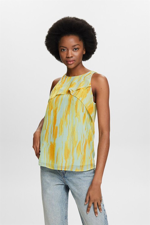 Esprit, Bluza cu model si insertii cu volane, Galben/Albastru pal