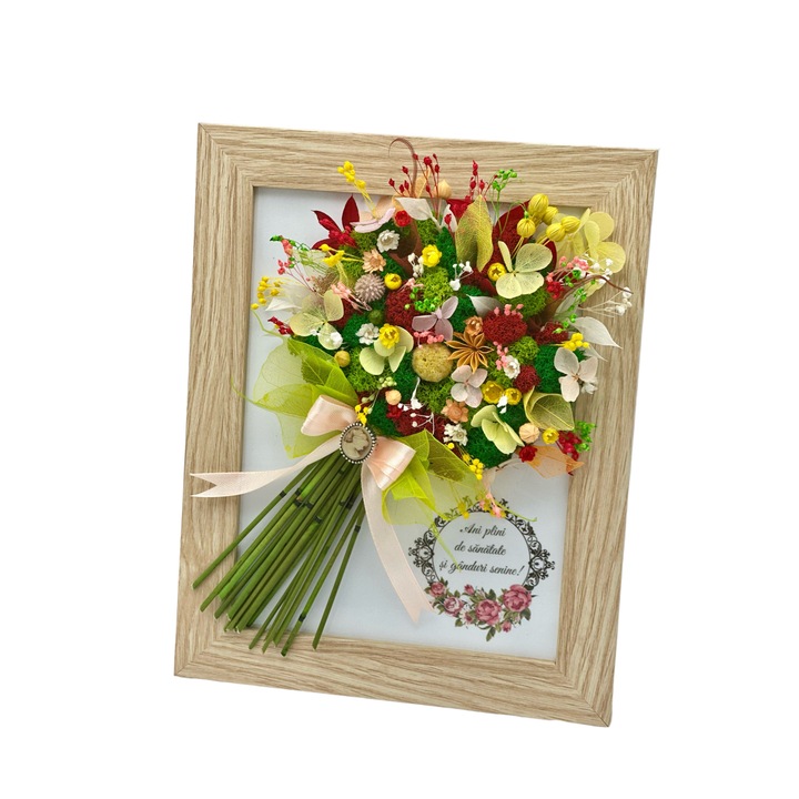 Buchet in rama, Tablou cu licheni stabilizati si flori naturale criogenate si uscate Eventissimi - Multicolor