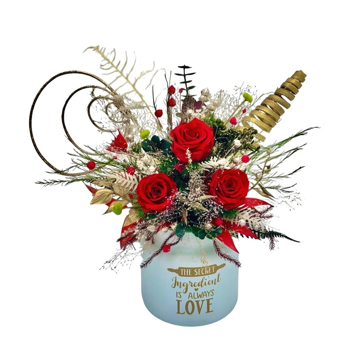 Aranjament floral cu flori si plante naturale criogenate si uscate in vas se sticla Eventissimi - multicolor