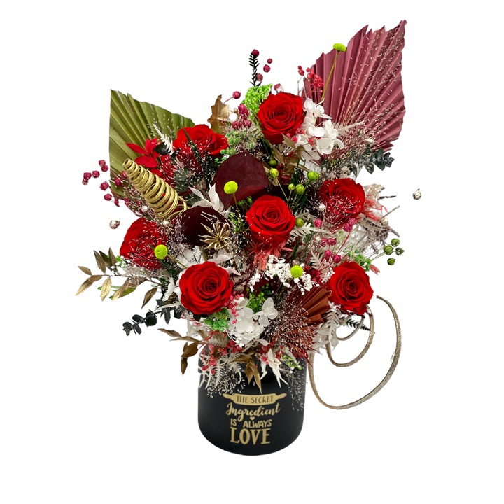 Aranjament floral cu trandafiri criogenati si plante naturale uscate in vas de sticla, Eventissimi - Multicolor