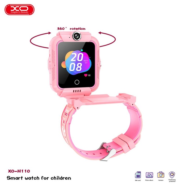 Детски смарт часовник XO - H110, SIM LTE, розов