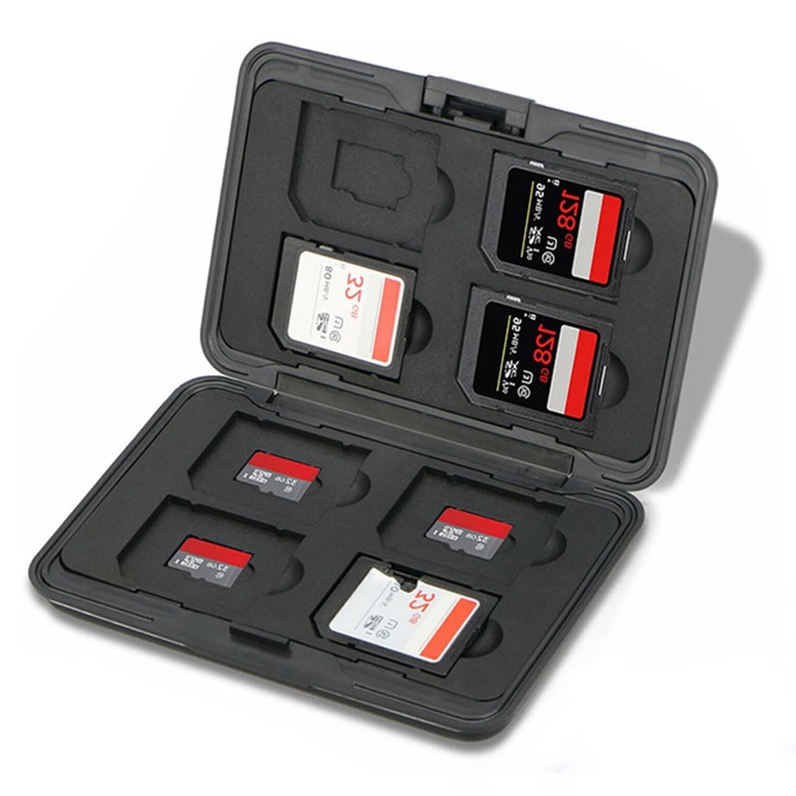 Carcasa de protectie pentru 8 carduri de memorie JJC, TF/SD/xD/MMC/Smart Media, Rezistenta la cadere, Negru, JENUOS®