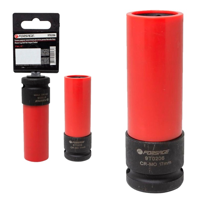 Hosszú ütvecsavarozó dugókulcs, 17 mm, 1/2", fekete/piros