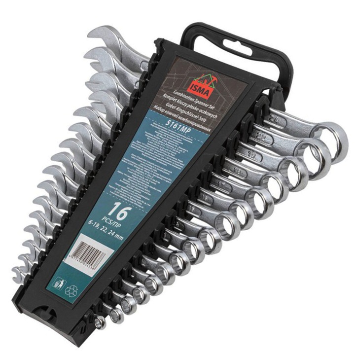 16 db-os kombinációs kulcs készlet, Isma, 6-24 mm, Ezüst