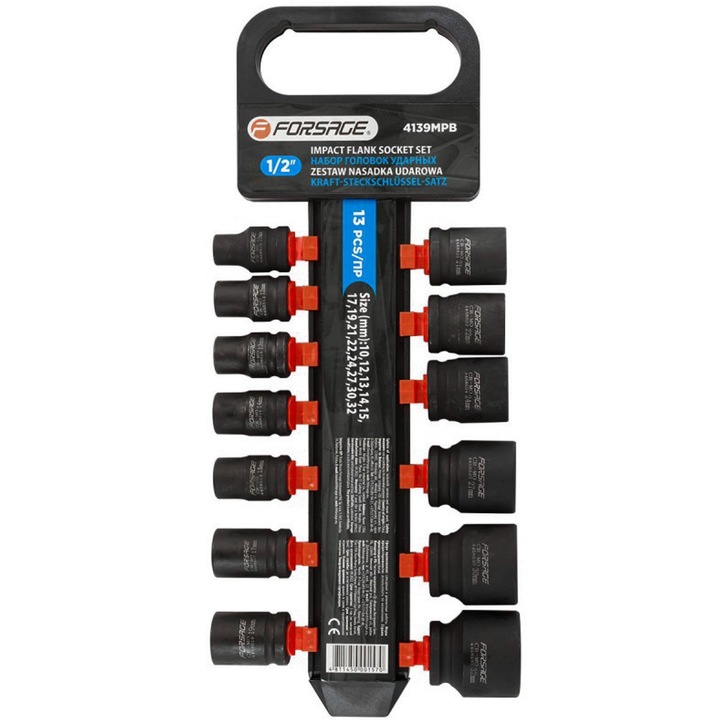 Set 13 chei tubulare cu impact, Forsage, Otel, HEX, 1/2", 10-32 mm, Negru/Rosu