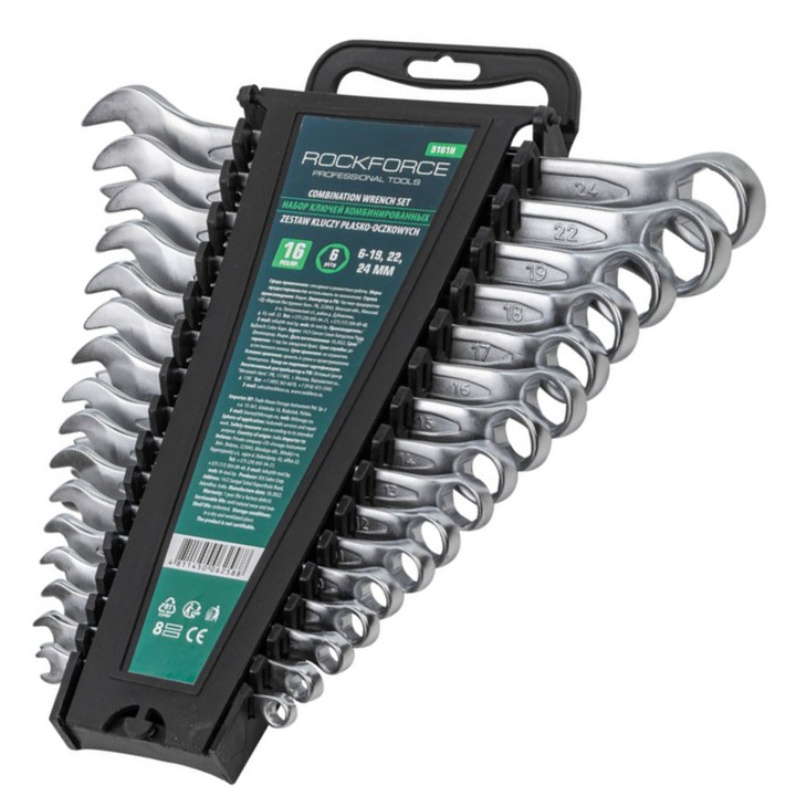 16db kombinációs kulcs készlet, Rock Force, Steel, Chrome, 6-24 mm