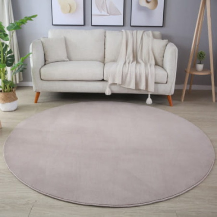 Covor, Ayyildiz, Sky, 120x120 cm, Fibra Microfibra Din Poliester, Plus De Iepure, 7 mm, 1 300 g/m², Rotund, Fund Din Cauciuc, Antiderapant, Lavabil La Masina, Uni, Pentru Interior, Bej