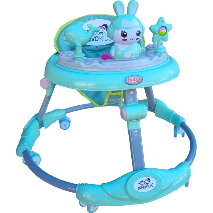 Premergator reglabil in 6 trepte de inaltime NOVOKIDS™ Happy Bunny, Cu melodii si lumini, Pliabil, Max 20 kg, Roti silentioase, Model Iepuras, Verde Turquoise