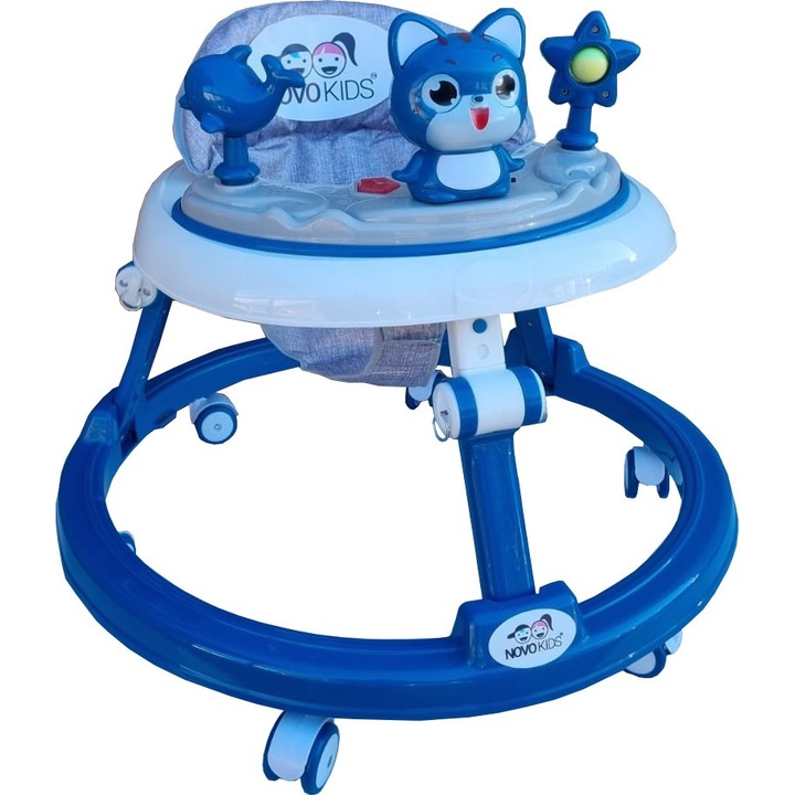 Premergator reglabil in 6 trepte de inaltime NOVOKIDS™ Happy Kitty, Cu melodii, Pliabil, Max 20 kg, Roti silentioase, Model Pisicuta, Albastru
