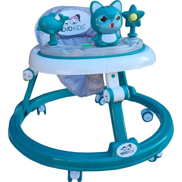 Premergator reglabil in 6 trepte de inaltime NOVOKIDS™ Happy Kitty, Cu melodii, Pliabil, Max 20 kg, Roti silentioase, Model Pisicuta, Verde Turquoise
