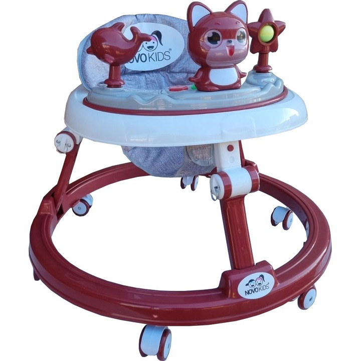 Premergator reglabil in 6 trepte de inaltime NOVOKIDS™ Happy Kitty, Cu melodii, Pliabil, Max 20 kg, Roti silentioase, Model Pisicuta, Rosu Bordeaux