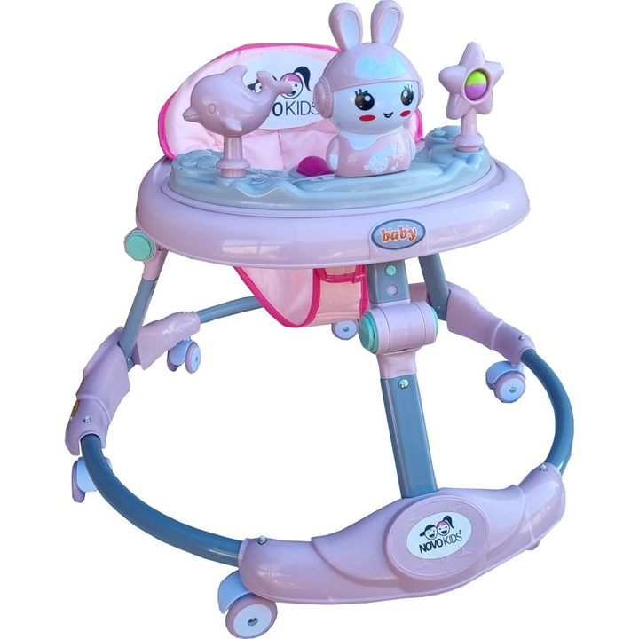 Premergator reglabil in 6 trepte de inaltime NOVOKIDS™ Happy Bunny, Cu melodii si lumini, Pliabil, Max 20 kg, Roti silentioase, Model Iepuras, Roz