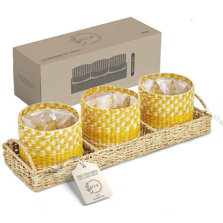 Set 3 Ghivece Decorative din Ratan Natural cu Tava Inclusa, pentru Plante Aromatice si Decorative, Galben