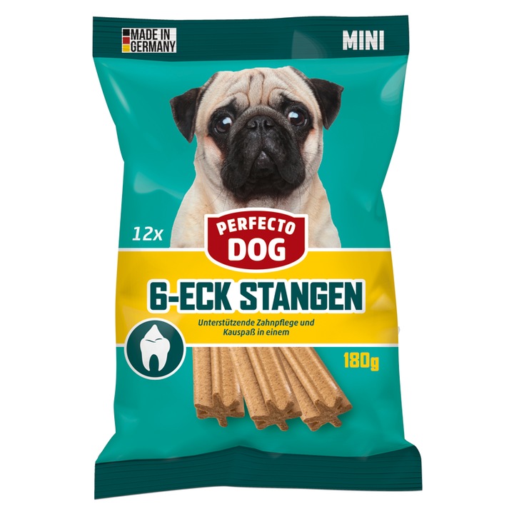 Snack dentar pentru câini Perfecto Dog 12 stick-uri, 180 g, formă cu 6 colțuri, maro
