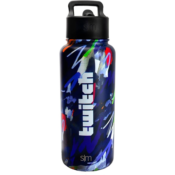 Sticla Termos din inox, capac cu pai si maner, 900ml, Design Graffiti, Mov