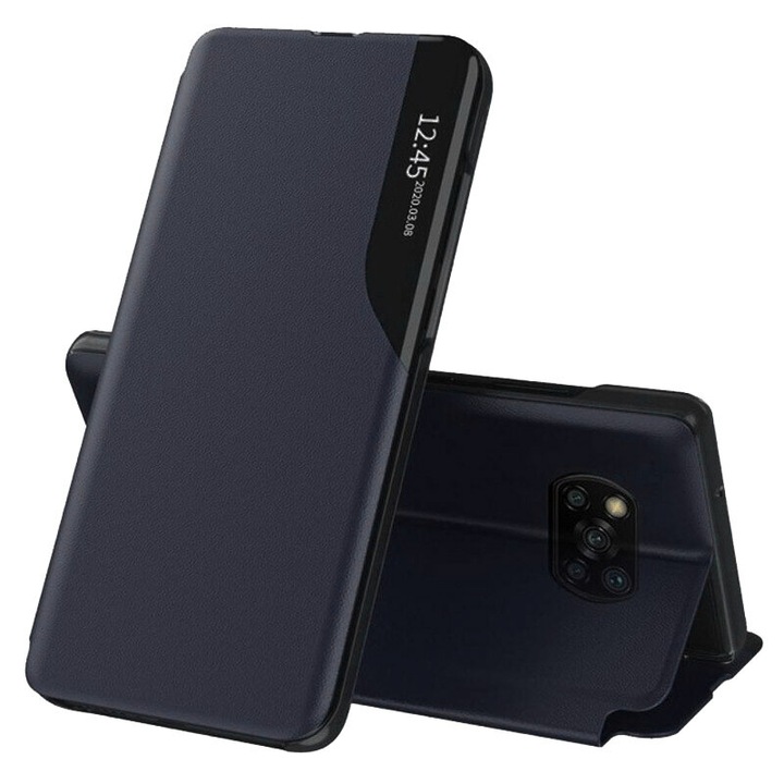 Защитен флип калъф, съвместим с Xiaomi Poco X3/Poco X3 NFC/Poco X3 Pro, eFold, екологична кожа, тъмно син