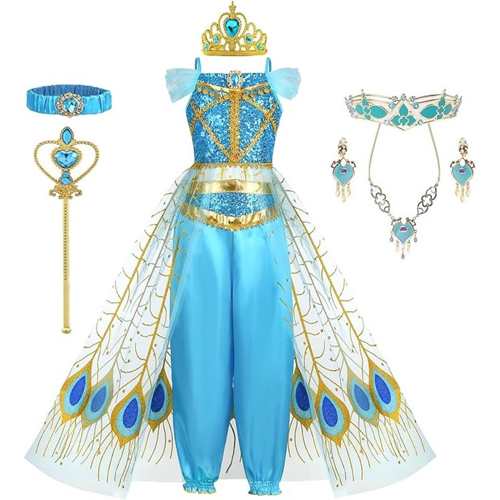 Costum Printesa Jasmine pentru Copii, Set cu Coronita si accesorii, Aladdin, Tesatura fina, 4-5 ani, 120, Albastru