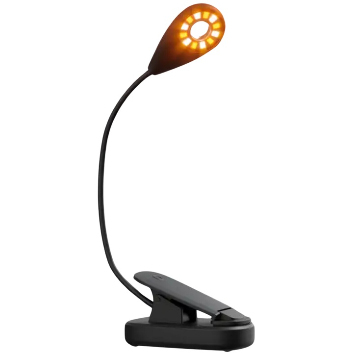 Lampa pentru citit, cu acumulator incorporat, Katlion, cu clips, cu 3 pozitii de luminare, intensitate reglabila, incarcare USB-C, durata baterie peste 7 ore